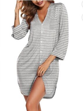 Ekouaer Women’s Nightgown V Neck Striped Bottom Down Sleepwear 3/4 Sleeves
